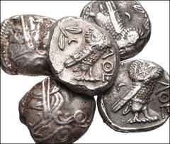 GREEK. Central & Southern Greece. Lot of five (5) Athenian AR Tetradrachms. All coins: Circa 350-294 BC. AR Tetradrachm. Helmeted head of Athena right, with profile eye / Owl standing right, head faci
