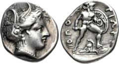 Greek LOKRIS, Lokri Opuntii. Circa 360-350 BC. AR Triobol (14mm, 2.80 g, 12h). Wreathed head of Demeter right / Ajax, nude but for Corinthian helmet, advancing right, holding short sword and shield; h