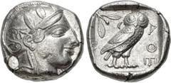 Greek ATTICA, Athens. Circa 454-404 BC. AR Tetradrachm (23mm, 17.20 g, 2h). Helmeted head of Athena right, with frontal eye / Owl standing right, head facing, closed tail feathers; olive spray and cre