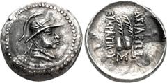 Oriental Greek BAKTRIA, Greco-Baktrian Kingdom. Eukratides I Megas. Circa 170-145 BC. AR Hemidrachm (15mm, 1.69 g, 12h). Local issue. Helmeted, diademed, draped, and cuirassed bust right / Caps of the