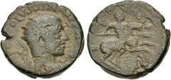 Roman Provincial JUDAEA, Caesarea Maritima. Volusian. 251-253 CE. Æ (23mm, 11.22 g, 12h). Radiate, draped, and cuirassed bust right, seen from behind / Volusian on horseback right, holding transverse 