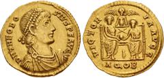 Roman Imperial Theodosius I. AD 379-395. AV Solidus (21mm, 4.49 g, 6h). Aquileia mint. Struck AD 381. Pearl-diademed, draped, and cuirassed bust right / Gratian and Theodosius I enthroned facing, hold