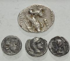 Large Lots GREEK. Asia Minor. Lot of four (4) silver fractions. Includes: Lesbos, Mytilene. AR Obol // Lycia, Xanthos. temp. Vekhssere II. Ar Obol // Cilicia, Tarsos. Pharnabazos. AR Hemiobol // Cilic