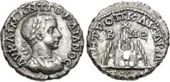 Roman Provincial CAPPADOCIA, Caesarea-Eusebia. Gordian III. AD 238-244. AR Drachm (17mm, 3.02 g, 6h). Dated RY 4 (AD 240/1). Laureate and cuirassed bust right / Mt. Argaeus surmounted by star; B NЄ ac