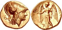 KINGS of MACEDON. temp. Alexander III – Philip III. Circa 325-320 BC. AV Stater (17mm, 8.55 g, 1h). In the name of Alexander III. Kition mint. Helmeted head of Athena right / Nike standing left, holdi