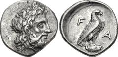 ELIS, Olympia. 107th-108th Olympiad. 352-348 BC. AR Hemidrachm (16mm, 2.76 g, 1h). Laureate head of Zeus right / Eagle standing right on Ionic column capital. BCD Peloponnesos 139 (this coin); BMC 83 