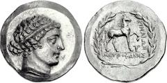 AEOLIS, Kyme. Circa 165-140 BC. AR Tetradrachm (30mm, 16.58 g, 12h). Stephanophoric type. Metrophanes, magistrate. Head of the Amazon Kyme right, wearing tainia / Horse prancing right; one-handled cup