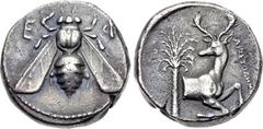 IONIA, Ephesos. Circa 390-325 BC. AR Tetradrachm (21mm, 14.97 g, 12h). Menekrates, magistrate. Struck circa 380-370 BC. Bee with straight wings; E-Φ flanking / Forepart of stag right, head reverted; p