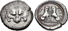 LYCIA, Tlos. Circa 450-380 BC. AR Stater (22mm, 8.51 g, 5h). Facing lion scalp / Two seated panthers confronted, heads facing, raising forepaws; TL-AWI (in Lycian) at sides, spiral symbol between. Fal