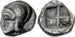 ASIA MINOR, Uncertain. Circa 480-450 BC. AR Tetartemorion (6mm, 0.23 g). Helmeted head left / Quadripartite incuse square. SNG Copenhagen (Cyprus, etc.) 398; cf. SNG Kayhan 742 (obol [uncertain Ionia 