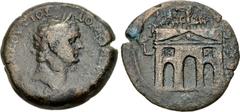 EGYPT, Alexandria. Domitian. AD 81-96. Æ Drachm (34mm, 18.26 g, 12h). Dated RY 14 (AD 94/5). Laureate head right / Triumphal arch with three bays between columns supporting spear-bearing figures, reli