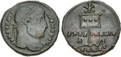 Constantine I. AD 307/310-337. Æ Follis (19mm, 3.15 g, 5h). Constantinople mint, 1st officina. Struck AD 327. CONSTANTI NVS MAX AVG, laureate head right / SPES PVBLIC, labarum, with three medallions o