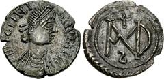 Justinian I. 527-565. AR Half Siliqua (13mm, 1.16 g, 6h). Heavy weight issue. Carthage mint. Struck 537-552. Diademed, draped, and cuirassed bust right / Large monogram; cross above, retrograde ς belo