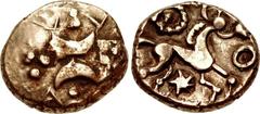CELTIC, Iceni. Uninscribed. Circa 65-1 BC. AV Stater (16mm, 5.39 g). Early Freckenham type. Struck 45-40 BC. Two crescents facing back-to-back over line of pellets; three pellets above and below / Hor