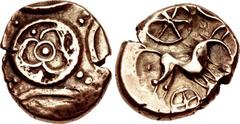 CELTIC, Iceni. Uninscribed. Circa 65-1 BC. AV Stater (18mm, 5.44 g). Late Freckenham type. Struck 45-40 BC. Flower-in-ring superimposed upon cross of pellets / Horse prancing right; six-spoked wheel a