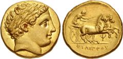 Greek KINGS of MACEDON. temp. Philip II – Alexander III. Circa 340/36-328 BC. AV Stater (18mm, 8.60 g, 9h). In the name and types of Philip II. Pella mint. Laureate head of Apollo right / Charioteer, 