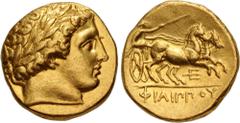 Greek KINGS of MACEDON. temp. Philip II – Alexander III. Circa 340/36-328 BC. AV Stater (16.5mm, 8.59 g, 12h). In the name and types of Philip II. Pella mint. Laureate head of Apollo right / Chariotee