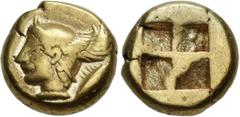 Greek MYSIA, Kyzikos. Circa 550-450 BC. EL Hemihekte – Twelfth Stater (8mm, 1.31 g). Head of Perseus left, wearing winged helmet; to right, tunny diagonally downward left / Quadripartite incuse square