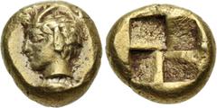 Greek MYSIA, Kyzikos. Circa 450-330 BC. EL Hekte – Sixth Stater (10mm, 2.65 g). Head of the hunter Aktaion left, with stag's horn above forehead; below, tunny left / Quadripartite incuse square. Von F