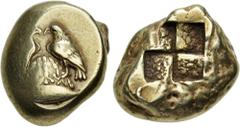 Greek MYSIA, Kyzikos. Circa 450-330 BC. EL Stater (16mm, 15.98 g). Two eagles standing facing each other on ornamented omphalos; below, tunny right / Quadripartite incuse square. Von Fritze I 220; Bos