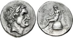 Greek SELEUKID EMPIRE. Antiochos I Soter. 281-261 BC. AR Tetradrachm (27mm, 17.09 g, 6h). Sardes mint. Struck circa 276-274/1 BC. Diademed and horned head of Seleukos I right / Apollo, nude, holding b