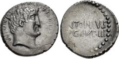 The Robert W. Hubel Collection, Assembled 1929-1939 The Triumvirs. Mark Antony. Summer 32 BC. AR Denarius (19mm, 3.78 g, 11h). Athens mint. Bare head right; small P (signature) in hair below ear / ANT