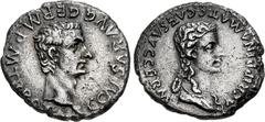 Roman Imperial Gaius (Caligula), with Agrippina Senior. AD 37-41. AR Denarius (18mm, 3.40 g, 9h). Lugdunum (Lyon) mint. 2nd emission, 1st phase, late AD 37. Bare head of Gaius (Caligula) right / Drape