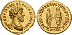 Roman Imperial Marcus Aurelius. AD 161-180. AV Aureus (19mm, 7.33 g, 6h). Rome mint. Struck AD 161. IMP CΛES M ΛVREL ΛNTONINVS ΛVG, bareheaded and cuirassed bust right / CONCORDIΛE ΛVGVSTOR TR P XV ar