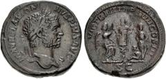 Roman Imperial Caracalla. AD 198-217. Æ Sestertius (32mm, 28.73 g, 11h). British Victory type. Rome mint. Struck AD 211. Laureate bust right, slight drapery / Victory erecting trophy, foot set on helm
