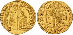 World ITALY, Genova. The Biennial Doges. 1528-1797. AV Zecchino (21mm, 3.52 g, 7h). Copying the types of Venice. Genova mint. Struck circa 1554. St. John standing right, presenting banner to doge knee