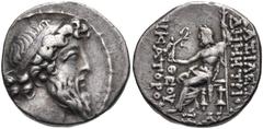 SELEUKID KINGS of SYRIA. Demetrios II Nikator. Second reign, 129-125 BC. AR Drachm (16mm, 4.15 g, 12h). Antioch mint. Struck 129-128 BC. Diademed head right / Zeus Nikephoros seated left; Ξ and monogr
