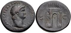 Nero. AD 54-68. Æ Sestertius (33mm, 29.71 g, 6h). Rome mint. Struck circa AD 64. Laureate head right, wearing aegis / Triumphal arch. RIC I 143; WCN 126. Fine, dark brown surfaces. This monumental tri