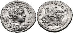 Elagabalus. AD 218-222. AR Denarius (19mm, 2.46 g, 6h). Eastern mint. Struck AD 218-219. Laureate, draped, and cuirassed bust right / SANCT DEO SOLI, ELAGABAL in exergue, quadriga right bearing stone 