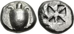 Greek ISLANDS off ATTICA, Aegina. Circa 525-480 BC. AR Stater (19.5mm, 12.17 g). Sea turtle, head in profile, with thick collar [and row of dots down its back] / Incuse square of 'Union Jack' pattern 