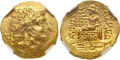 Greek KINGS of PONTOS. Mithradates VI Eupator. Circa 120-63 BC. AV Stater (19mm, 8.45 g, 12h). First Mithradatic War issue. In the name and types of Lysimachos of Thrace. Tomis mint. Struck circa 88-8