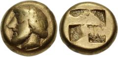 Greek IONIA, Phokaia. Circa 478-387 BC. EL Hekte – Sixth Stater (10mm, 2.43 g). Bearded head of King Midas left; to right, small seal downward / Quadripartite incuse square. Bodenstedt Em. 66. Lightly