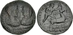 Roman Provincial MYSIA, Pergamum. Septimius Severus, with Julia Domna. AD 193-211. Æ Medallion (39mm, 24.20 g, 3h). Claudianos, son of Terpandros, strategos. Laureate, draped, and cuirassed bust of Se