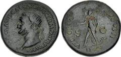 Roman Imperial Nero. AD 54-68. Æ Dupondius (29.5mm, 16.20 g, 6h). Damnatio Memoriae . Rome mint. Struck circa AD 64. Radiate head left / Victory flying left, holding wreath and palm frond; II (mark of