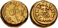 Byzantine Heraclius, with Heraclius Constantine. 610-641. AV Solidus (11mm, 4.43 g, 6h). Carthage mint. Dated IY 4 (630/1). Crowned facing busts of Heraclius and Heraclius Constantine, both wearing ch