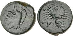 The John Morcom Collection of Western Greek Bronze Coins SICILY, Akragas. Circa 415-406 BC. Æ Hemilitron – Hexonkion (28mm, 23.01 g, 3h). Eagle standing right, head raised, wings spread, on fish / Cra
