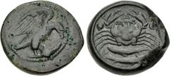 The John Morcom Collection of Western Greek Bronze Coins SICILY, Akragas. Circa 415-406 BC. Æ Hexas (20mm, 7.44 g, 4h). Eagle standing right, wings raised, on fish right / Crab; A above, two fish belo