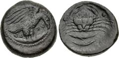 The John Morcom Collection of Western Greek Bronze Coins SICILY, Akragas. Circa 415-406 BC. Æ Hexas (18.5mm, 6.57 g, 9h). Eagle standing right, wings raised, on fish right / Crab; two fish below; two 