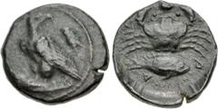 The John Morcom Collection of Western Greek Bronze Coins SICILY, Akragas. Circa 415-406 BC. Æ Onkia (17mm, 3.58 g, 3h). Eagle standing left on fish, head right; cicada to right / Crab above grouper ri