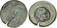 The John Morcom Collection of Western Greek Bronze Coins SICILY, Akragas. Circa 405-392 BC. Æ Hemilitron – Hexonkion (30mm, 17.35 g). [Eagle standing on hare]; c/m: head of Herakles right, wearing lio