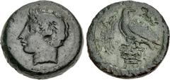 The John Morcom Collection of Western Greek Bronze Coins SICILY, Akragas. Circa 400-380 BC. Æ Hemilitron – Hexonkion (26mm, 16.66 g, 7h). Horned head of young river god Akragas left, wearing tainia / 