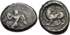 Greek CARIA, Uncertain ('Mint B'). Circa 450 BC. AR Triobol (14mm, 2.86 g, 4h). Aeginetic standard. Nude male, winged on back and [feet], running left; [monogram to left] / Lion standing left, head ri