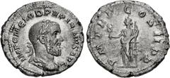Roman Imperial Pupienus. AD 238. AR Denarius (20mm, 3.18 g, 11h). Rome mint. 1st emission. Laureate, draped, and cuirassed bust right / Felicitas standing left, holding caduceus and scepter. RIC IV 6;