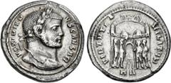 Roman Imperial Galerius. As Caesar, AD 293-305. AR Argenteus (18mm, 3.96 g, 6h). Heraclea mint, 4th officia. 5th emission, AD 296. Laureate head right / The tetrarchs sacrificing over tripod before ci