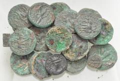Large Lots CENTRAL ASIAN. Ancient India. Lot of twenty (20) mostly Kushan Æ Tetradrachms. Includes: issues of Vima Kadphises. Lot also includes two (2) punchmarked silver issues and a later jital . Av