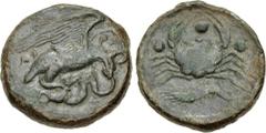 The John Morcom Collection of Western Greek Bronze Coins SICILY, Akragas. Circa 415-406 BC. Æ Tetras – Trionkion (23mm, 11.74 g, 11h). Eagle, wings spread, standing right on, and tearing at, serpent /